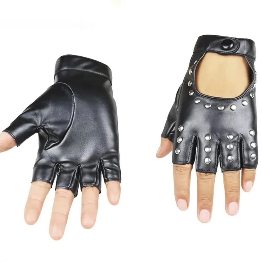 Black Faux Leather Studded Fingerless Gloves W/Snap Button Wrist Closure (OS)